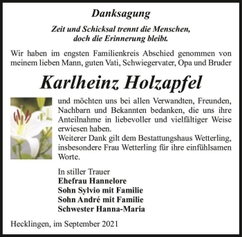 Traueranzeige von Karlheinz Holzapfel  von Magdeburger Volksstimme