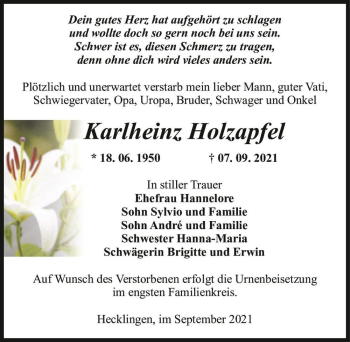 Traueranzeige von Karlheinz Holzapfel  von Magdeburger Volksstimme