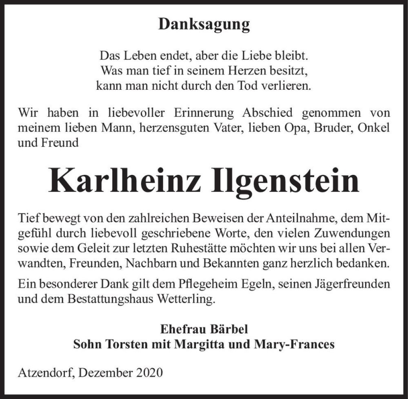 Traueranzeige für Karlheinz Ilgenstein  vom 19.12.2020 aus Magdeburger Volksstimme