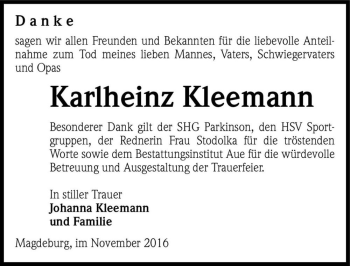 Traueranzeige von Karlheinz Kleemann  von Magdeburger Volksstimme