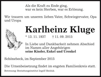 Traueranzeige von Karlheinz Kluge  von Magdeburger Volksstimme