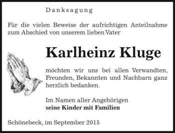 Traueranzeige von Karlheinz Kluge  von Magdeburger Volksstimme