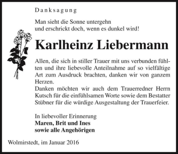 Traueranzeige von Karlheinz Liebermann  von Magdeburger Volksstimme