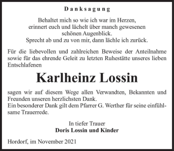 Traueranzeige von Karlheinz Lossin  von Magdeburger Volksstimme