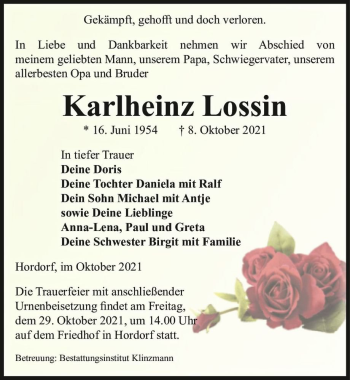 Traueranzeige von Karlheinz Lossin  von Magdeburger Volksstimme