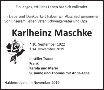 Traueranzeige von Karlheinz Maschke  von Magdeburger Volksstimme