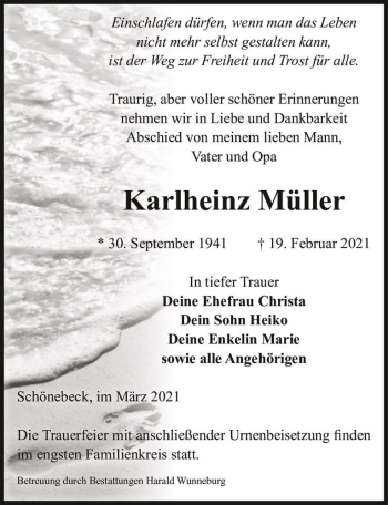 Traueranzeige von Karlheinz Müller  von Magdeburger Volksstimme