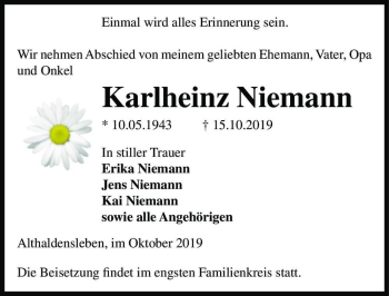 Traueranzeige von Karlheinz Niemann  von Magdeburger Volksstimme