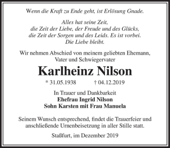 Traueranzeige von Karlheinz Nilson  von Magdeburger Volksstimme