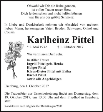 Traueranzeige von Karlheinz Pittel  von Magdeburger Volksstimme