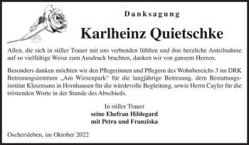 Traueranzeige von Karlheinz Quietschke  von Magdeburger Volksstimme