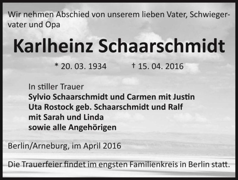  Traueranzeige für Karlheinz Schaarschmidt  vom 10.05.2016 aus Magdeburger Volksstimme