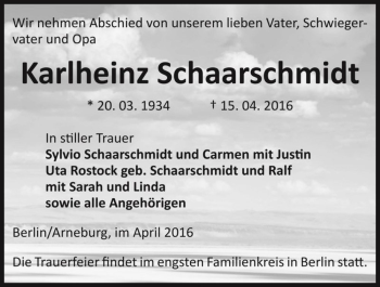 Traueranzeige von Karlheinz Schaarschmidt  von Magdeburger Volksstimme