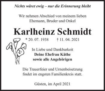 Traueranzeige von Karlheinz Schmidt  von Magdeburger Volksstimme