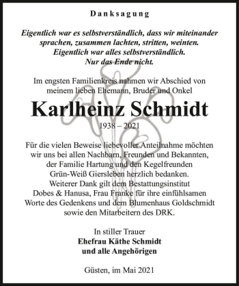 Traueranzeige von Karlheinz Schmidt  von Magdeburger Volksstimme