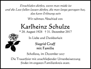 Traueranzeige von Karlheinz Schulze  von Magdeburger Volksstimme