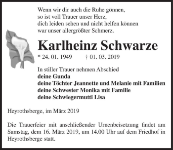 Traueranzeige von Karlheinz Schwarze  von Magdeburger Volksstimme