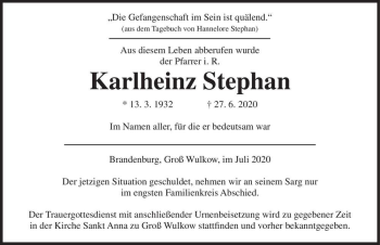 Traueranzeige von Karlheinz Stephan  von Magdeburger Volksstimme