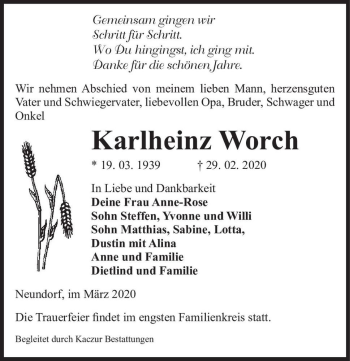 Traueranzeige von Karlheinz Worch  von Magdeburger Volksstimme