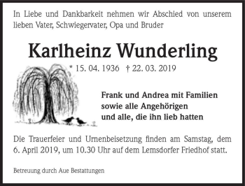 Traueranzeige von Karlheinz Wunderling  von Magdeburger Volksstimme