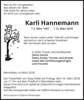 Traueranzeige von Karli Hannemann  von Magdeburger Volksstimme