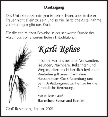 Traueranzeige von Karli Rehse  von Magdeburger Volksstimme