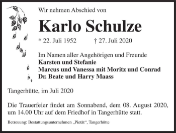 Traueranzeige von Karlo Schulze  von Magdeburger Volksstimme