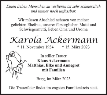 Traueranzeige von Karola Ackermann  von Magdeburger Volksstimme