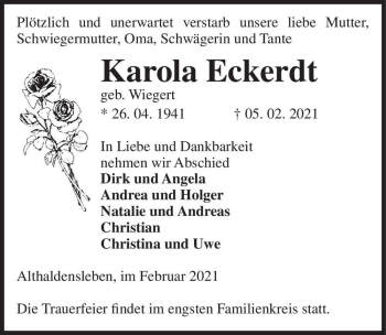 Traueranzeige von Karola Eckerdt (geb. Wiegert)  von Magdeburger Volksstimme