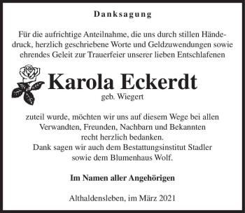 Traueranzeige von Karola Eckerdt (geb. Wiegert)  von Magdeburger Volksstimme