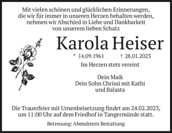 Traueranzeige von Karola Heiser  von Magdeburger Volksstimme