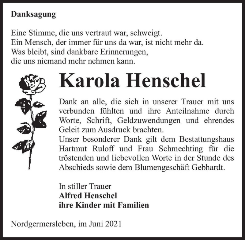  Traueranzeige für Karola Henschel  vom 19.06.2021 aus Magdeburger Volksstimme