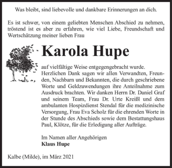 Traueranzeige von Karola Hupe  von Magdeburger Volksstimme