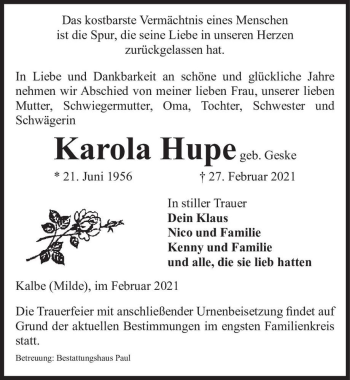 Traueranzeige von Karola Hupe (geb. Geske)  von Magdeburger Volksstimme