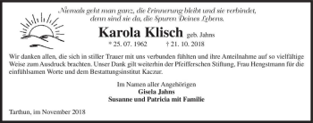 Traueranzeige von Karola Klisch (geb. Jahns)  von Magdeburger Volksstimme