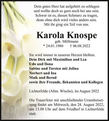Traueranzeige von Karola Knospe (geb. Möllmann)  von Magdeburger Volksstimme