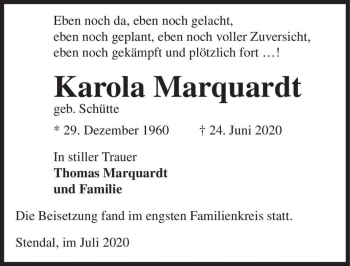 Traueranzeige von Karola Marquardt (geb. Schütte)  von Magdeburger Volksstimme