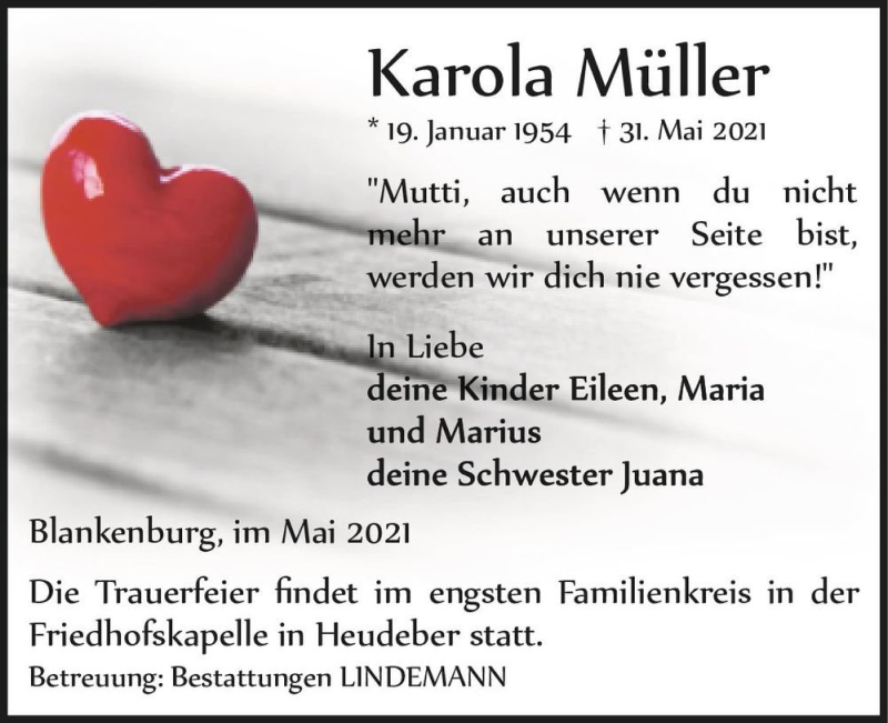  Traueranzeige für Karola Müller  vom 05.06.2021 aus Magdeburger Volksstimme