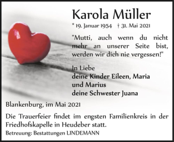 Traueranzeige von Karola Müller  von Magdeburger Volksstimme