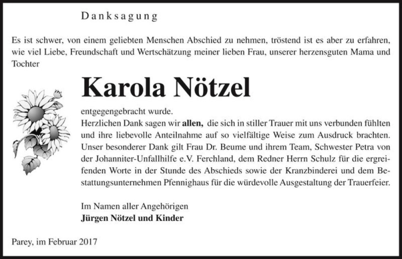  Traueranzeige für Karola Nötzel  vom 18.02.2017 aus Magdeburger Volksstimme