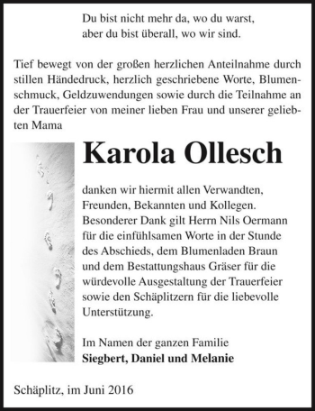 Traueranzeige von Karola Ollesch  von Magdeburger Volksstimme