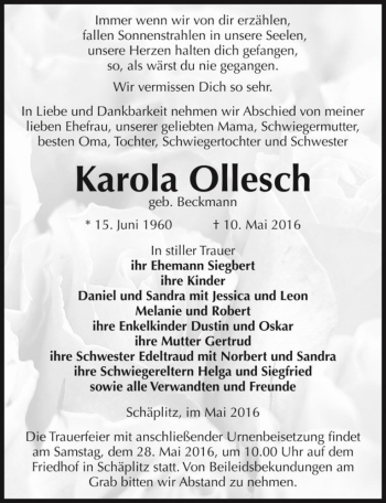 Traueranzeige von Karola Ollesch (geb. Beckmann)  von Magdeburger Volksstimme