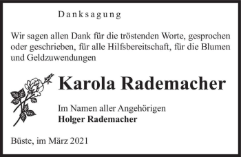 Traueranzeige von Karola Rademacher  von Magdeburger Volksstimme