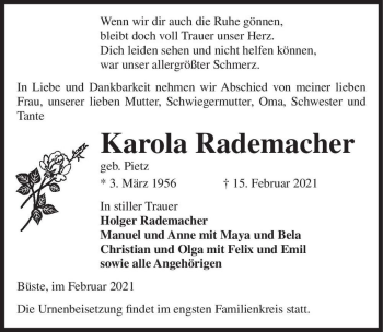 Traueranzeige von Karola Rademacher (geb. Pietz)  von Magdeburger Volksstimme