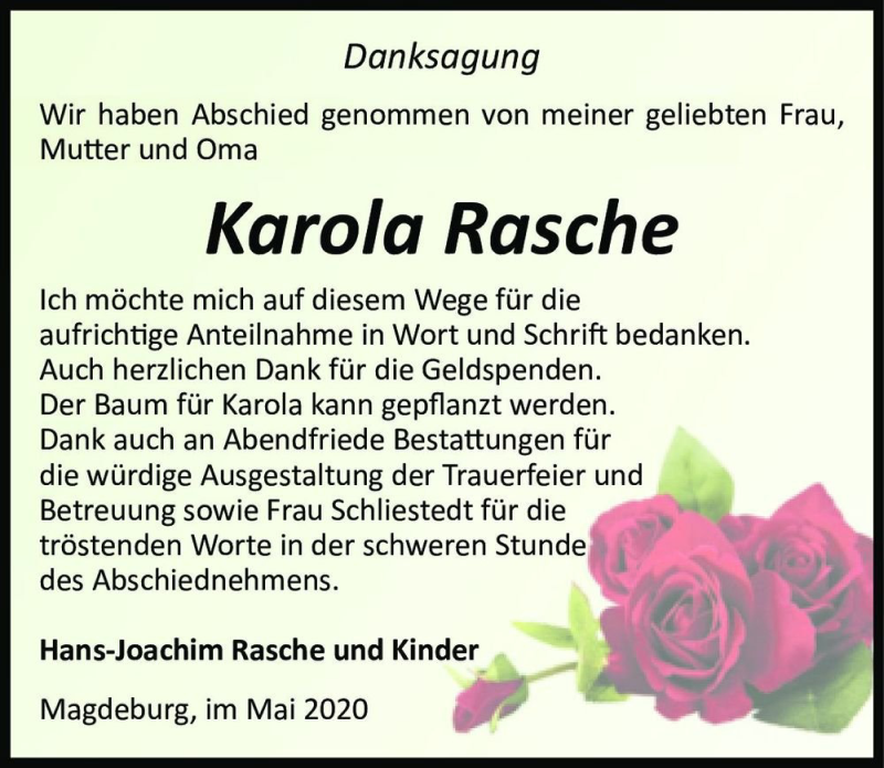  Traueranzeige für Karola Rasche  vom 30.05.2020 aus Magdeburger Volksstimme