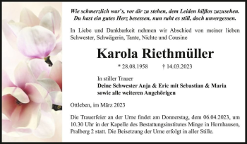 Traueranzeige von Karola Riethmüller  von Magdeburger Volksstimme