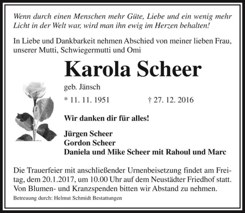  Traueranzeige für Karola Scheer (geb. Jänsch)  vom 07.01.2017 aus Magdeburger Volksstimme