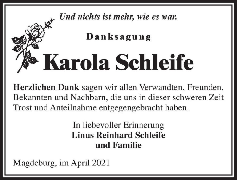  Traueranzeige für Karola Schleife  vom 17.04.2021 aus Magdeburger Volksstimme