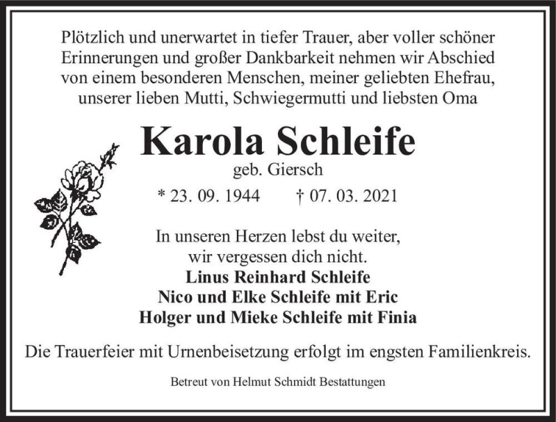  Traueranzeige für Karola Schleife (geb. Giersch)  vom 20.03.2021 aus Magdeburger Volksstimme