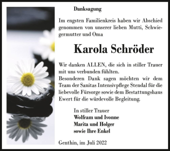 Traueranzeige von Karola Schröder  von Magdeburger Volksstimme